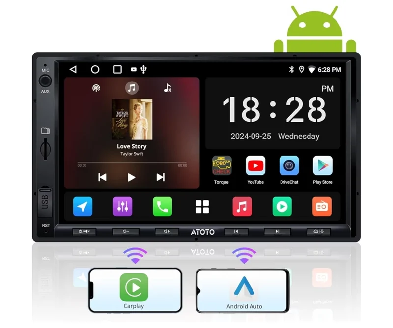 7" Double DIN Car Stereo, Wireless CarPlay&Android Auto Touch Screen, Wi-Fi/BT/USB Tethering, Bluetooth, 24B-EQ DSP, MirrorLink, GPS/SWC/FM/AM,AI Chat