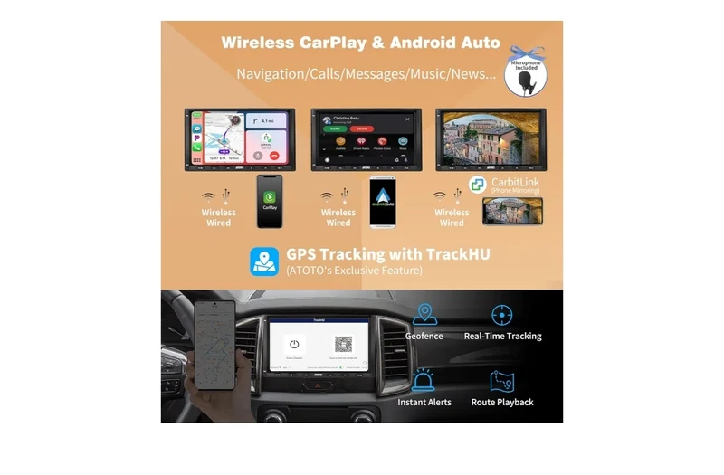 7" Android Double Din Car Stereo Receivers, Wireless CarPlay & Android Auto, Built-in 4G, WiFi/BT/USB, Dual Bluetooth