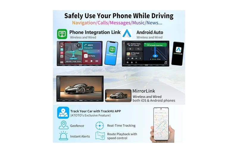 Double-DIN 7" Touchscreen in-Dash NavigationCar Stereo,CarPlay, Android Auto, Mirrorlink, GPS Tracker, WiFi/BT/USB Tethering, HD LRV