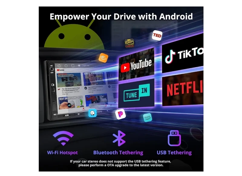 7" Android Double DIN Car Stereo, Wireless CarPlay & Android Auto, Wi-Fi/Bluetooth/USB Touchscreen Car Radio, Backup Camera, MirrorLink, DSP/FM/AM/SWC