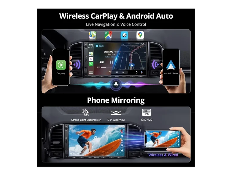 7" Android Double DIN Car Stereo, Wireless CarPlay & Android Auto, Wi-Fi/Bluetooth/USB Touchscreen Car Radio, Backup Camera, MirrorLink, DSP/FM/AM/SWC