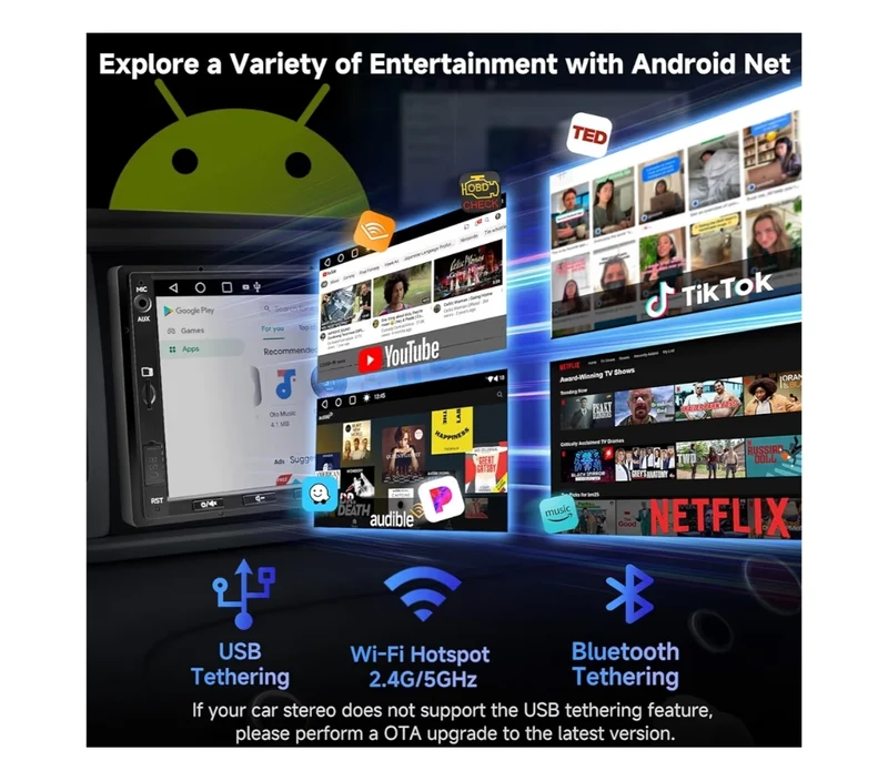 7" 32G Android Double Din Car Stereo w/ Backup Camera, Wireless CarPlay & Android Auto Touch Screen, WiFi/Bluetooth/USB,24 Band EQ DSP, FM/AM/TF Support, MirrorLink