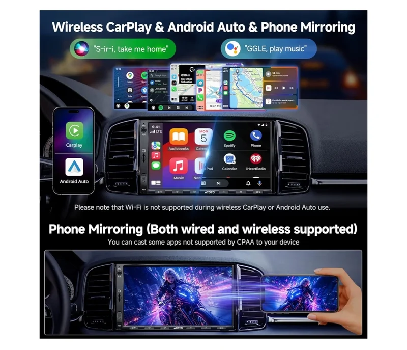7" 32G Android Double Din Car Stereo w/ Backup Camera, Wireless CarPlay & Android Auto Touch Screen, WiFi/Bluetooth/USB,24 Band EQ DSP, FM/AM/TF Support, MirrorLink