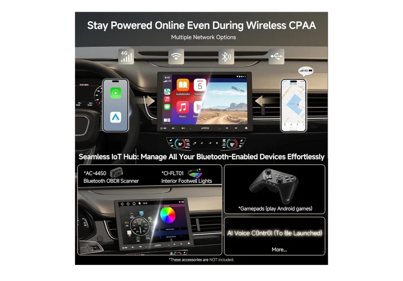 QLED 10'' Double-DIN & Single-DIN Adaptive Car Stereo Floating Display Android 8 Core 4GB+32GB, 4G LTE/Wi-Fi CarPlay & Android Auto, Dual Bluetooth, AI Chat, LD LRV