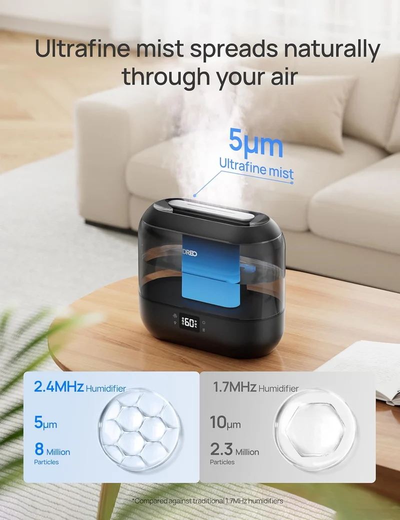 Humidifiers Top Fill 4L Smart Cool Mist w/ Oil Diffuser, Cartridge, Nightlight, 36H Runtime, Quiet Ultrasonic Humidifiers - Ebony