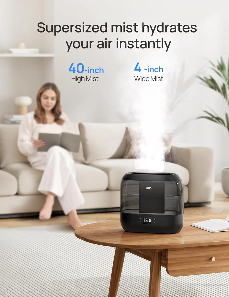 Humidifiers Top Fill 4L Smart Cool Mist w/ Oil Diffuser, Cartridge, Nightlight, 36H Runtime, Quiet Ultrasonic Humidifiers - Ebony