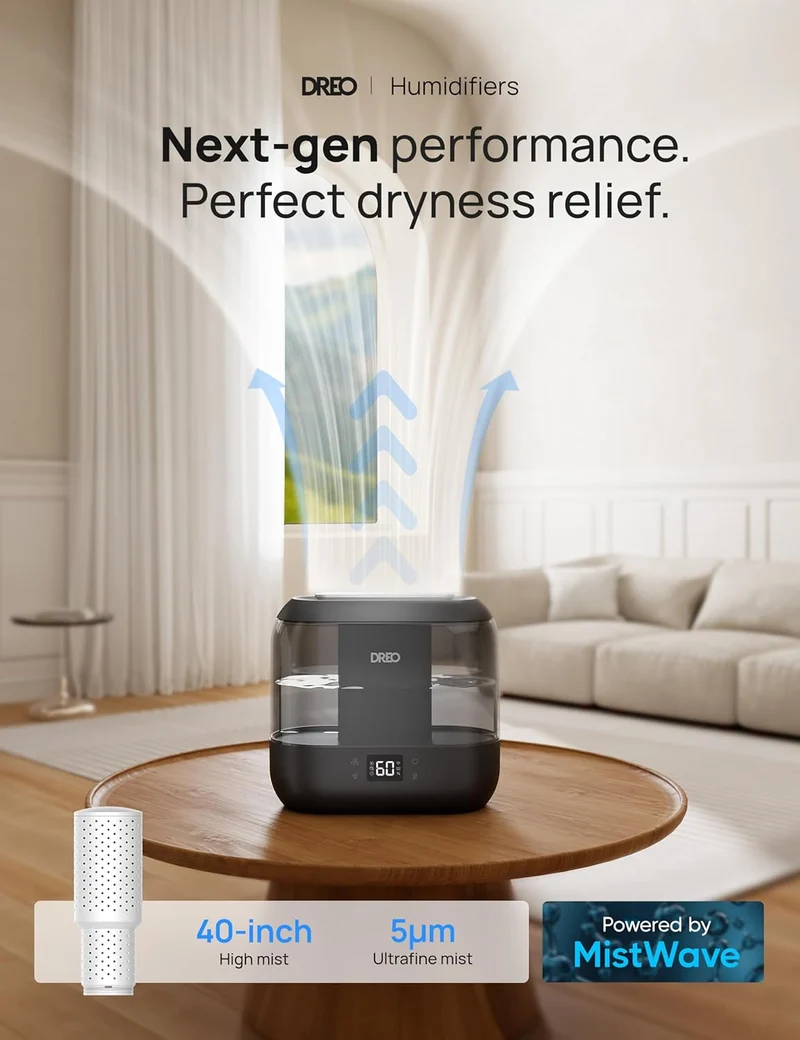 Humidifiers Top Fill 4L Smart Cool Mist w/ Oil Diffuser, Cartridge, Nightlight, 36H Runtime, Quiet Ultrasonic Humidifiers - Ebony