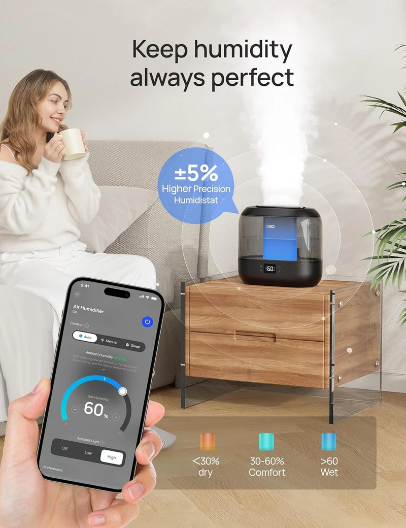 Humidifiers Top Fill 4L Smart Cool Mist w/ Oil Diffuser, Cartridge, Nightlight, 36H Runtime, Quiet Ultrasonic Humidifiers - Ebony