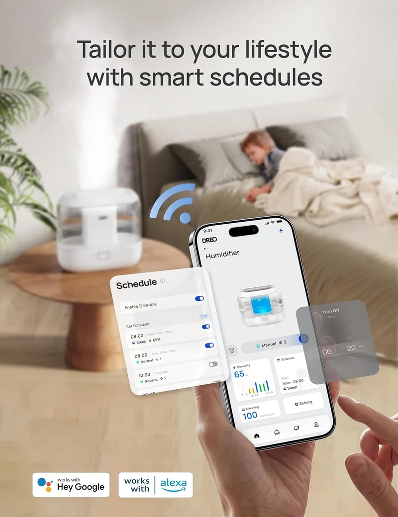 Smart Humidifier, Cool Mist Humidifiers, Quiet 4L Top Fill Ultrasonic Humidifiers w/ Nightlight, LED Display, 36H Runtime, APP/Voice Control - White