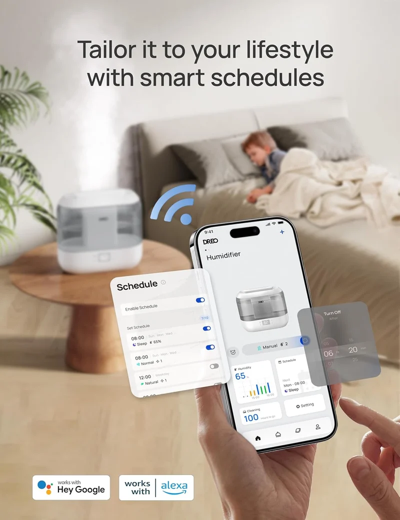 Smart Humidifiers , Top Fill 4L Cool Mist Humidifier w/ Nightlight, 36H Runtime, Touch/APP/Voice Control, Quiet Ultrasonic Humidifiers for Large Room - Gray