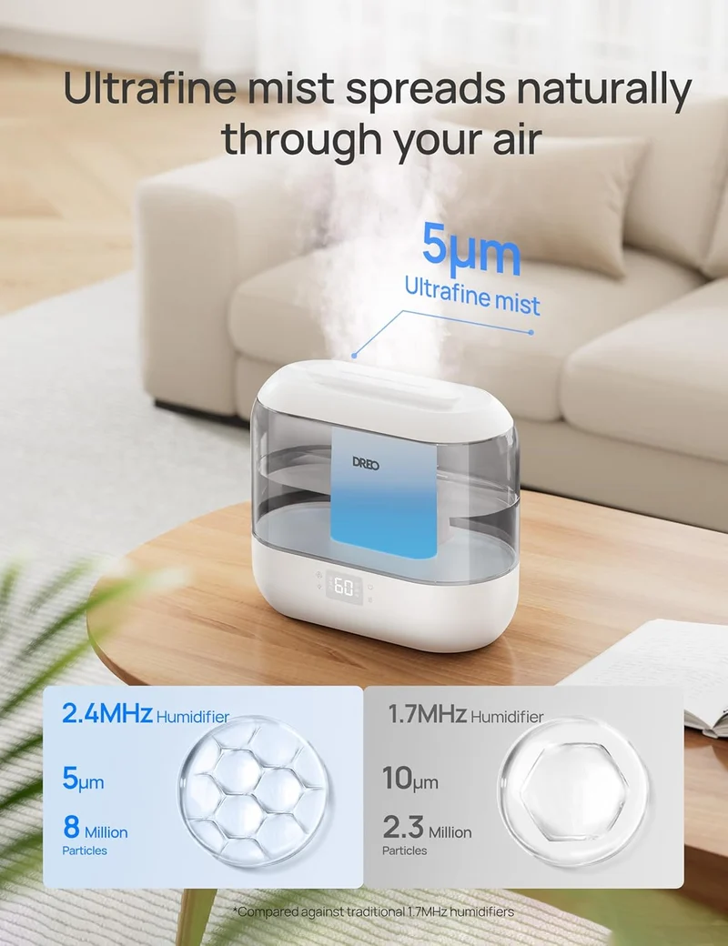 Smart Humidifiers , Top Fill 4L Cool Mist Humidifier w/ Nightlight, 36H Runtime, Touch/APP/Voice Control, Quiet Ultrasonic Humidifiers for Large Room - Gray