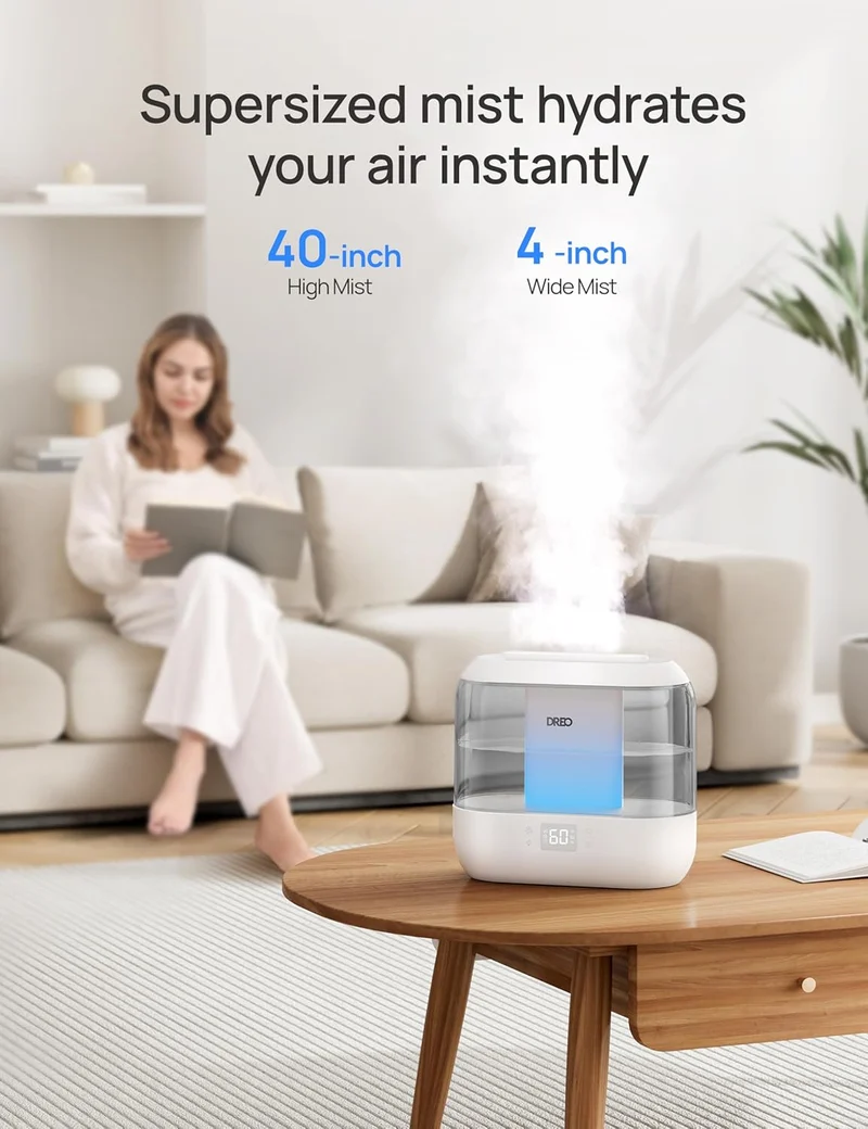 Smart Humidifiers , Top Fill 4L Cool Mist Humidifier w/ Nightlight, 36H Runtime, Touch/APP/Voice Control, Quiet Ultrasonic Humidifiers for Large Room - Gray
