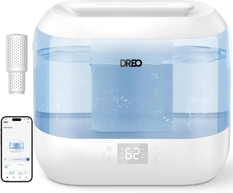 Humidifiers Top Fill 4L Smart Cool Mist Humidifier w/ Oil Diffuser, Cartridge, Nightlight, 36H Runtime, Quiet Ultrasonic Humidifiers - Blue