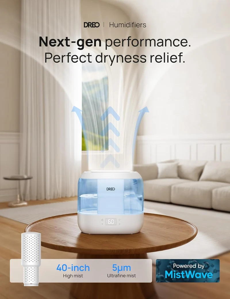 Humidifiers Top Fill 4L Smart Cool Mist Humidifier w/ Oil Diffuser, Cartridge, Nightlight, 36H Runtime, Quiet Ultrasonic Humidifiers - Blue