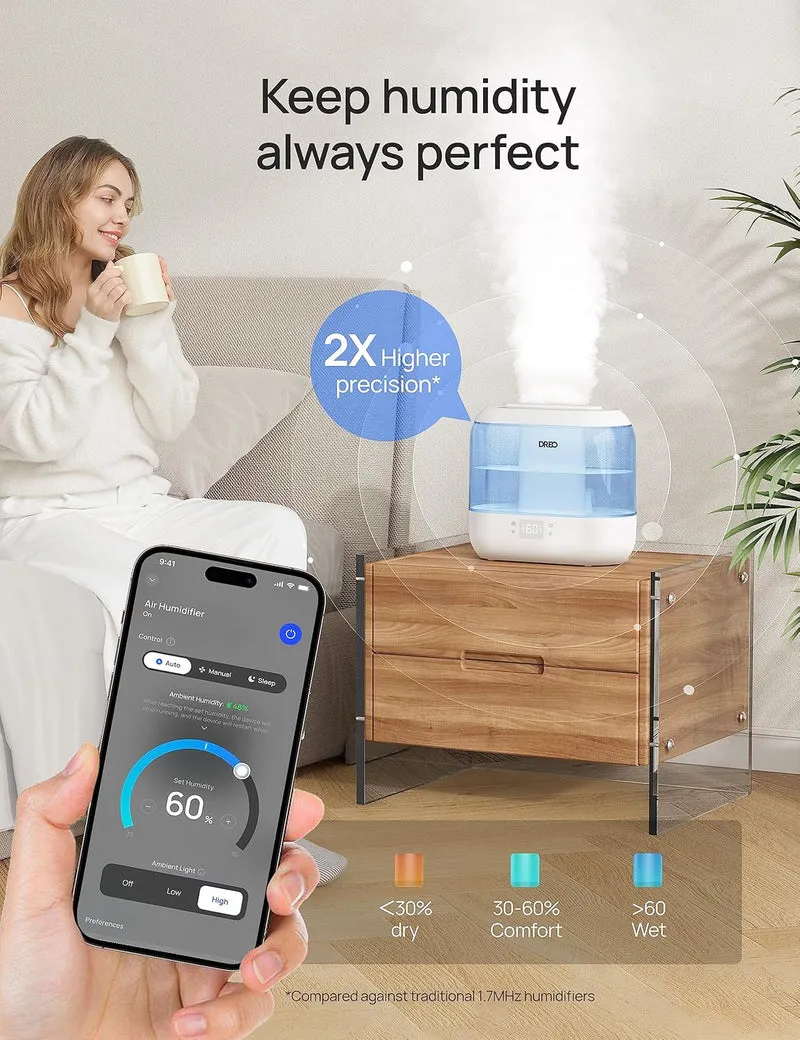 Humidifiers Top Fill 4L Smart Cool Mist Humidifier w/ Oil Diffuser, Cartridge, Nightlight, 36H Runtime, Quiet Ultrasonic Humidifiers - Blue