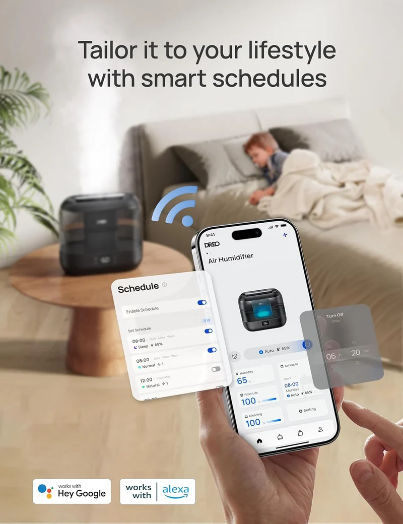 Smart Humidifiers Top Fill 4L Supersized 36H Runtime, Touch/APP/Voice Control, Nightlight, Cool Mist Humidifiers Indoor - Black