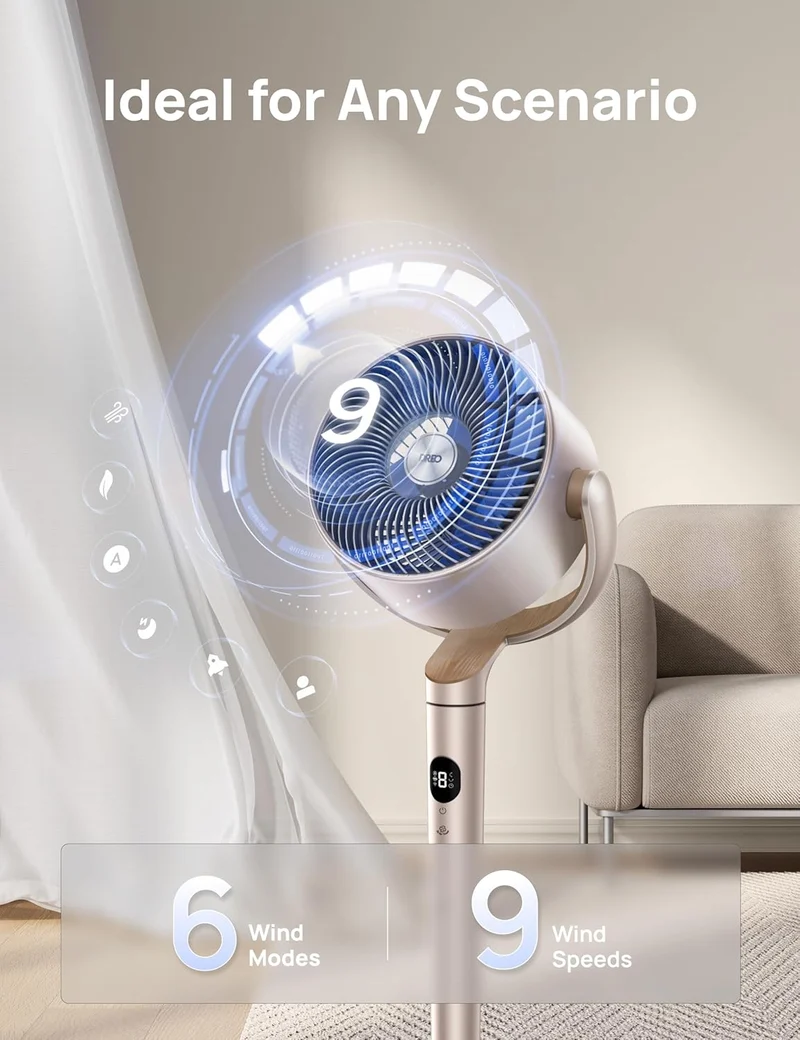 Smart Oscillating Fan 120° Omni-Directional, 90ft Quiet Pedestal w/ RGB Light, 9 Speeds, 6 Modes 8H Timer, Wi-Fi/Voice, 37-42" - Starlight