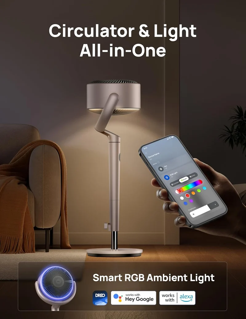 Smart Oscillating Fan 120° Omni-Directional, 90ft Quiet Pedestal w/ RGB Light, 9 Speeds, 6 Modes 8H Timer, Wi-Fi/Voice, 37-42" - Starlight
