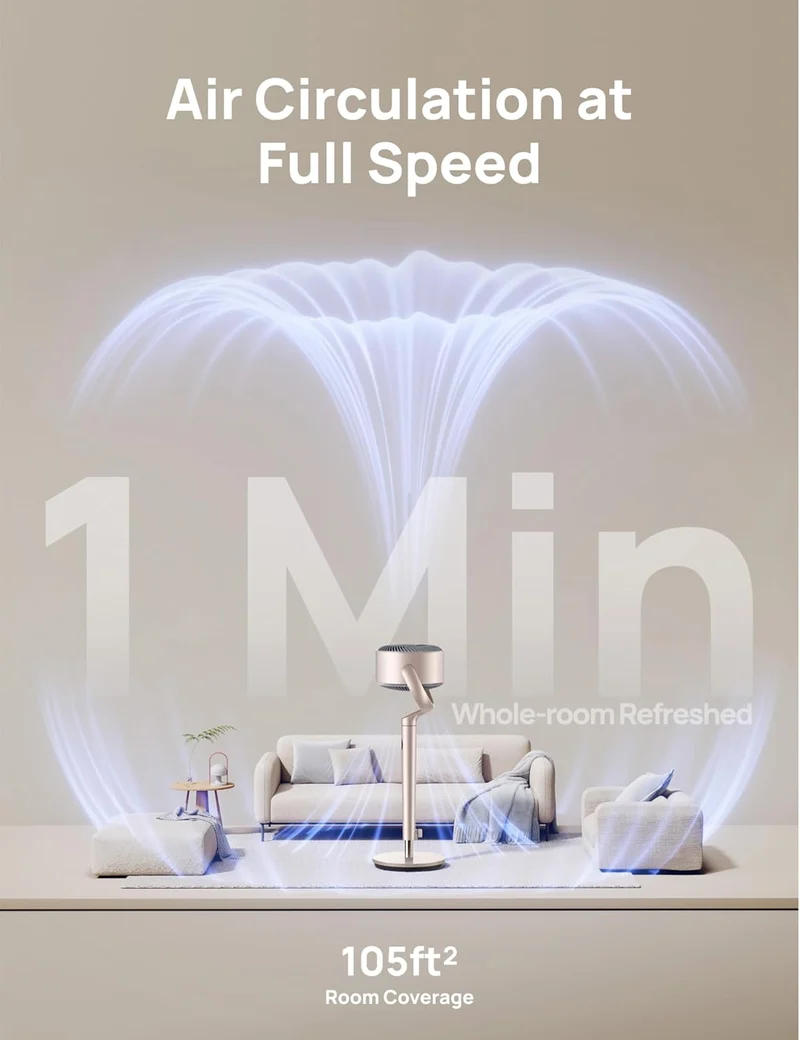 Smart Oscillating Fan 120° Omni-Directional, 90ft Quiet Pedestal w/ RGB Light, 9 Speeds, 6 Modes 8H Timer, Wi-Fi/Voice, 37-42" - Starlight