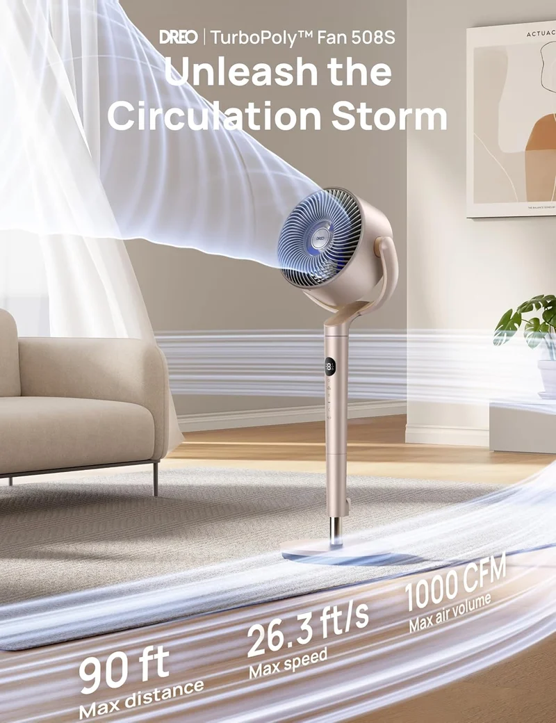 Smart Oscillating Fan 120° Omni-Directional, 90ft Quiet Pedestal w/ RGB Light, 9 Speeds, 6 Modes 8H Timer, Wi-Fi/Voice, 37-42" - Starlight