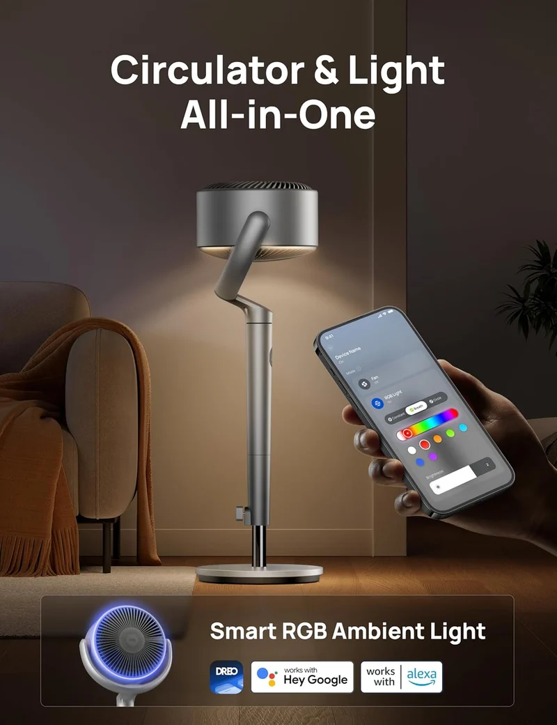 Smart Oscillating Fan 120° Omni-Directional, 90ft Quiet Pedestal w/ RGB Light, 9 Speeds, 6 Modes 8H Timer, Wi-Fi/Voice, 37-42" - Silver