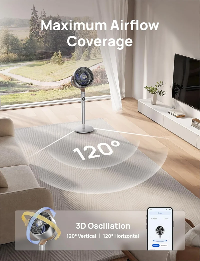Smart Oscillating Fan 120° Omni-Directional, 90ft Quiet Pedestal w/ RGB Light, 9 Speeds, 6 Modes 8H Timer, Wi-Fi/Voice, 37-42" - Silver