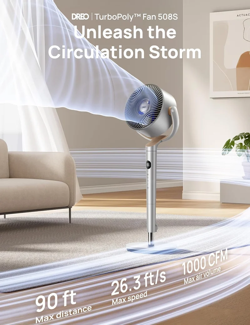 Smart Oscillating Fan 120° Omni-Directional, 90ft Quiet Pedestal w/ RGB Light, 9 Speeds, 6 Modes 8H Timer, Wi-Fi/Voice, 37-42" - Silver
