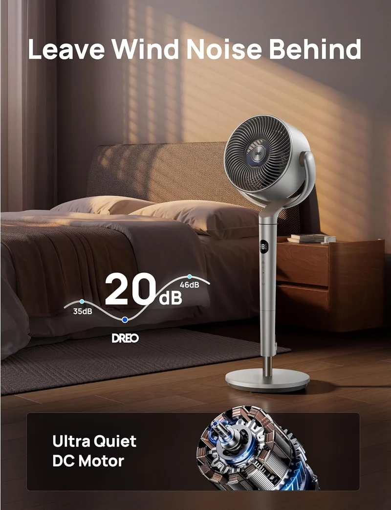 Smart Oscillating Fan 120° Omni-Directional, 90ft Quiet Pedestal w/ RGB Light, 9 Speeds, 6 Modes 8H Timer, Wi-Fi/Voice, 37-42" - Silver