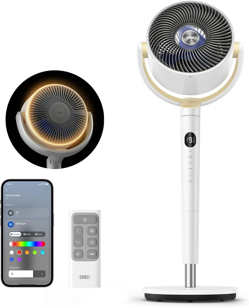 Smart Oscillating Fan 120° Omni-Directional, 90ft Quiet Pedestal w/ RGB Light, 9 Speeds, 6 Modes 8H Timer, Wi-Fi/Voice, 37-42" - White