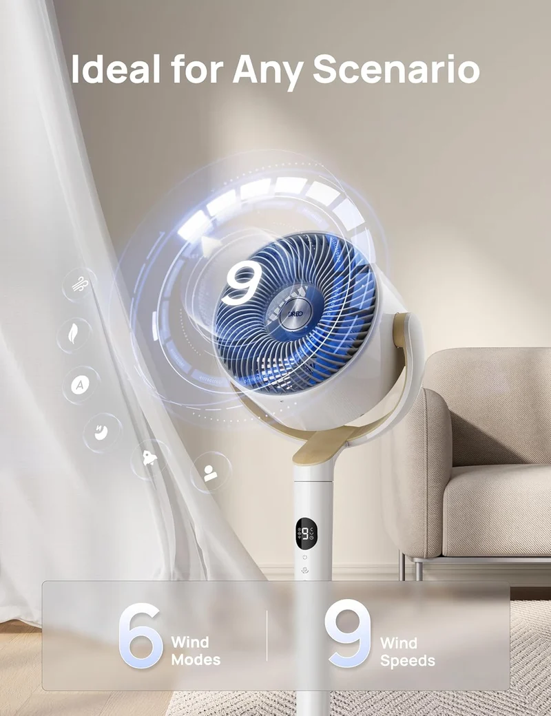 Smart Oscillating Fan 120° Omni-Directional, 90ft Quiet Pedestal w/ RGB Light, 9 Speeds, 6 Modes 8H Timer, Wi-Fi/Voice, 37-42" - White