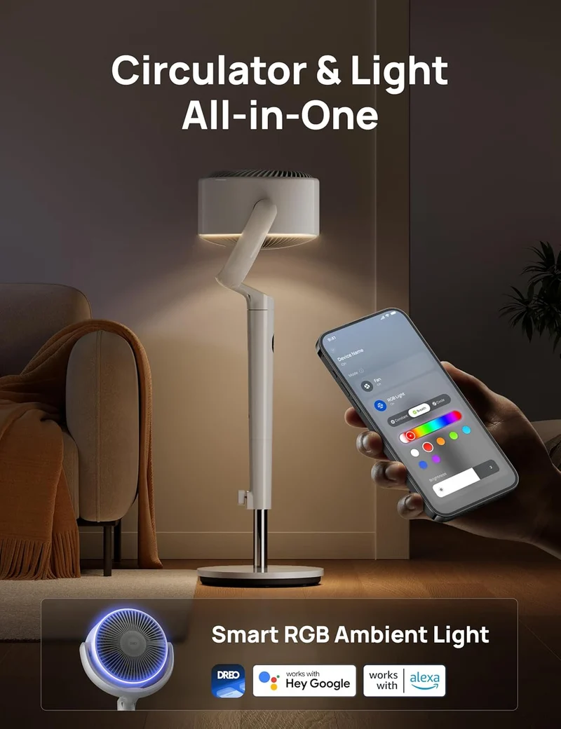 Smart Oscillating Fan 120° Omni-Directional, 90ft Quiet Pedestal w/ RGB Light, 9 Speeds, 6 Modes 8H Timer, Wi-Fi/Voice, 37-42" - White