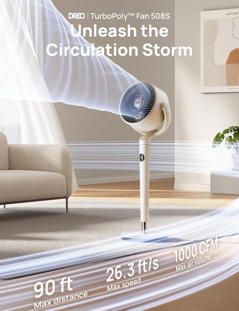 Smart Oscillating Fan 120° Omni-Directional, 90ft Quiet Pedestal w/ RGB Light, 9 Speeds, 6 Modes 8H Timer, Wi-Fi/Voice, 37-42" - White