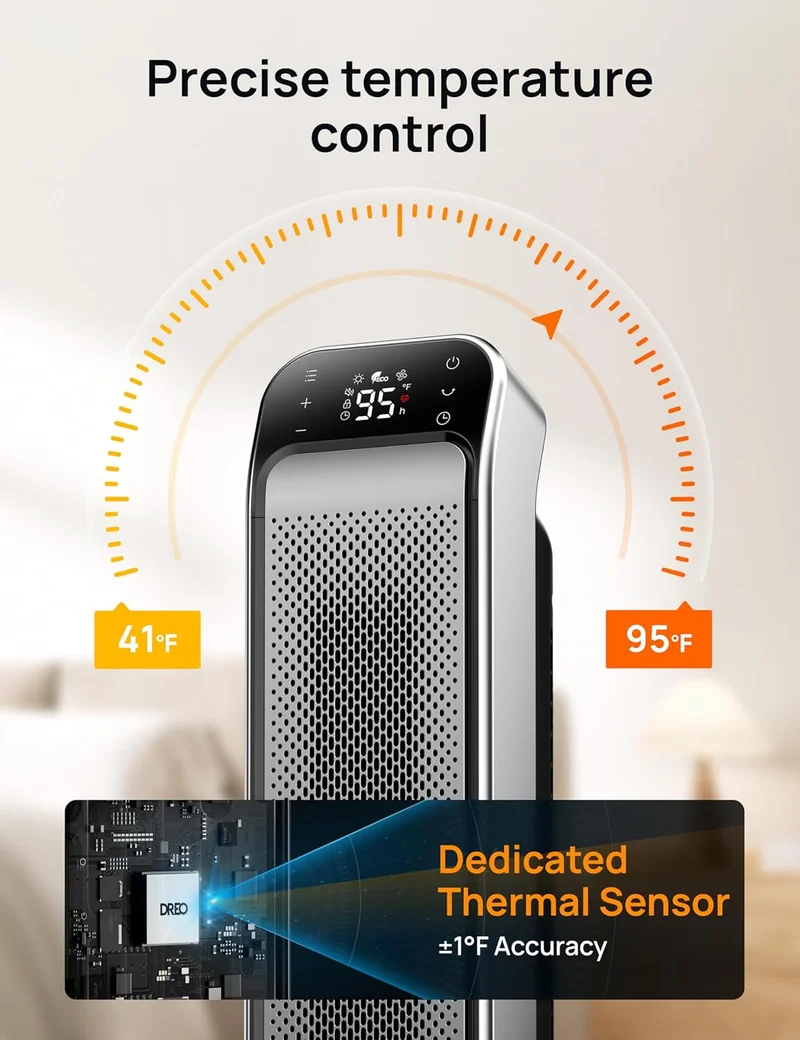 Space Heater Indoor, 25" 11.5ft/s Fast Portable Heater w/ Remote and Thermostat, 3 Modes for Indoor Use Large Room - Silver