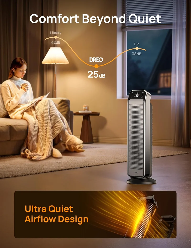Space Heater Indoor, 25" 11.5ft/s Fast Portable Heater w/ Remote and Thermostat, 3 Modes for Indoor Use Large Room - Silver