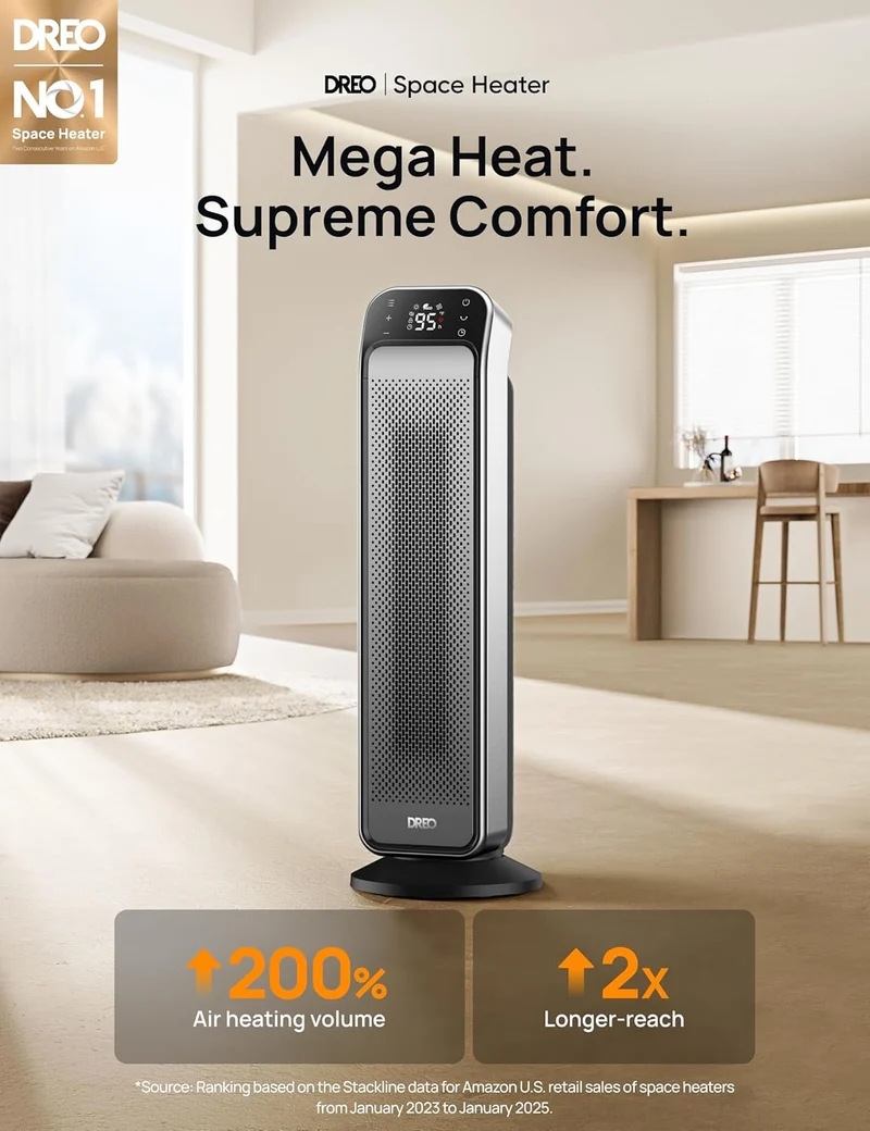 Space Heater Indoor, 25" 11.5ft/s Fast Portable Heater w/ Remote and Thermostat, 3 Modes for Indoor Use Large Room - Silver