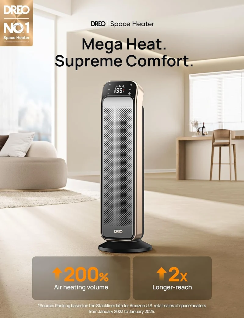 Space Heater Indoor, 25" 11.5ft/s Fast Portable Heater w/ Remote and Thermostat, 3 Modes for Indoor Use Large Room - Gold