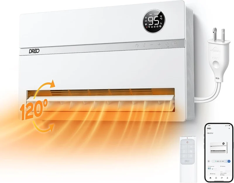 Dreo Wall-Mounted Heater, Smart Space w/ Dreo FortPlug Overheat Protection, 120° Vertical Oscillation,24H Timer, 1500W for Indoor