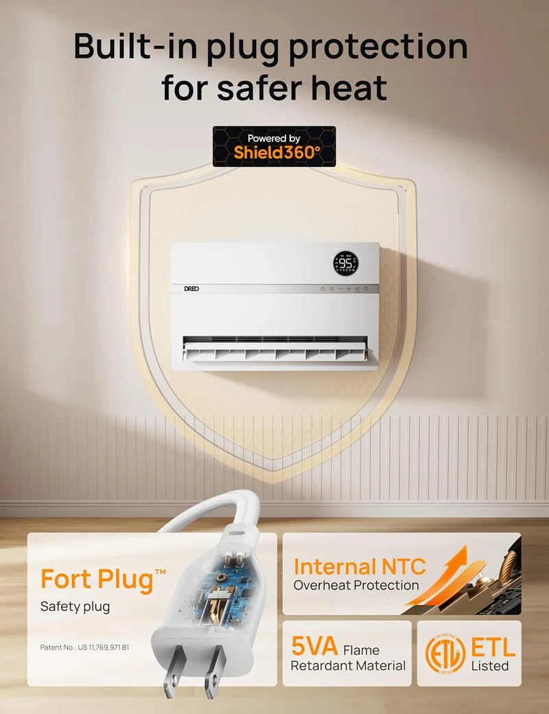 Dreo Wall-Mounted Heater, Smart Space w/ Dreo FortPlug Overheat Protection, 120° Vertical Oscillation,24H Timer, 1500W for Indoor