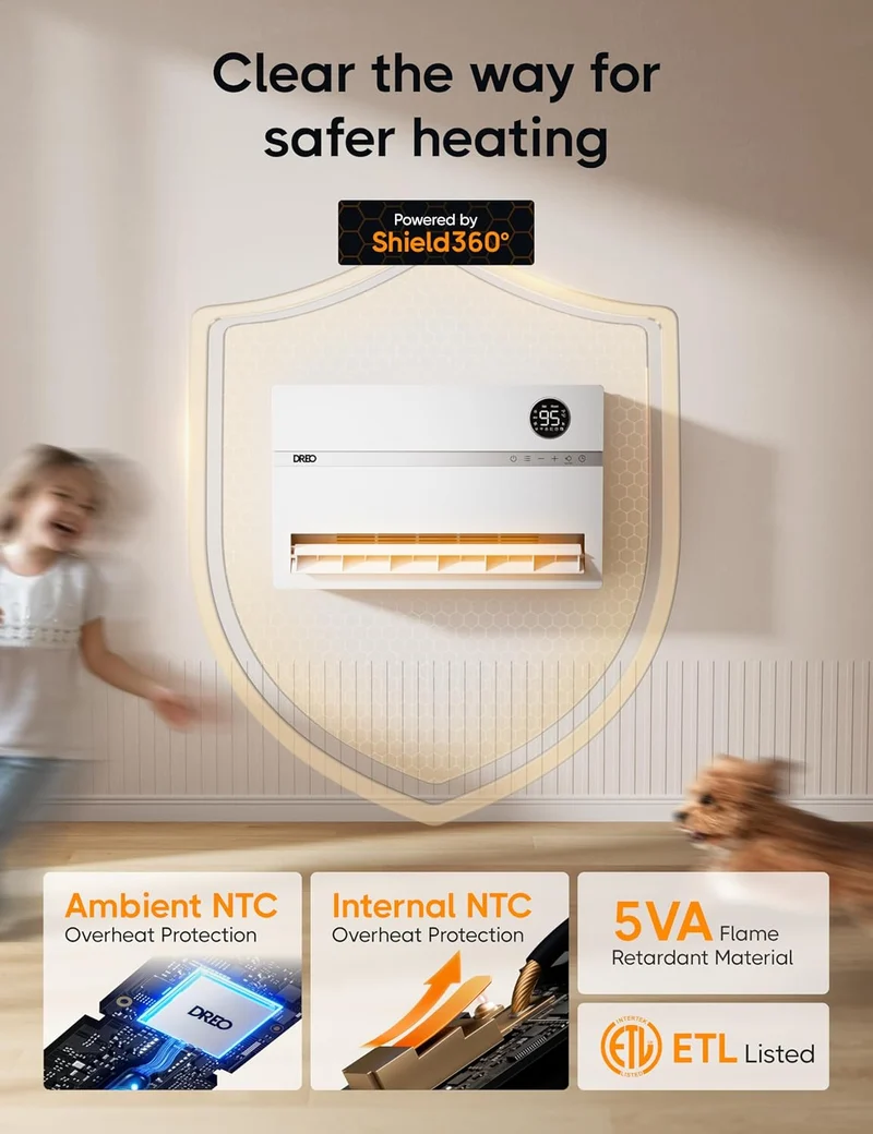 Dreo Smart Wall Heater, Electric Space 1500W, 120° Vertical Oscillation, Adjustable Thermostat, Remote Control, 24H Timer Works w/ Alexa