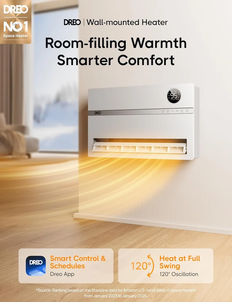 Dreo Smart Wall Heater, Electric Space 1500W, 120° Vertical Oscillation, Adjustable Thermostat, Remote Control, 24H Timer Works w/ Alexa