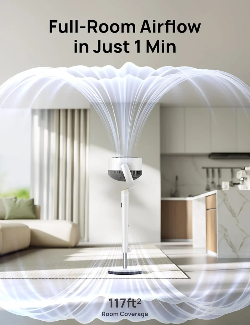 Dreo Fan 120° Oscillating , Quiet Pedestal w/ DC Motor, 9 Speeds, 4 modes, 37-42" Adjustable Height, 9H Timer - White