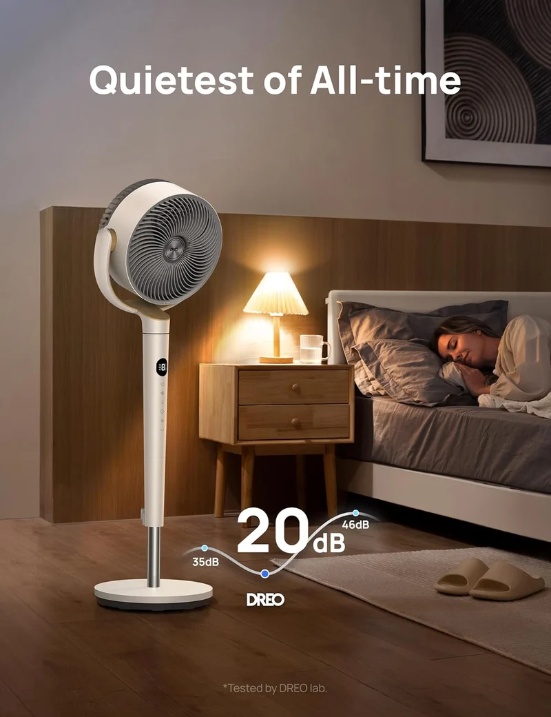 Dreo Fan 120° Oscillating , Quiet Pedestal w/ DC Motor, 9 Speeds, 4 modes, 37-42" Adjustable Height, 9H Timer - White