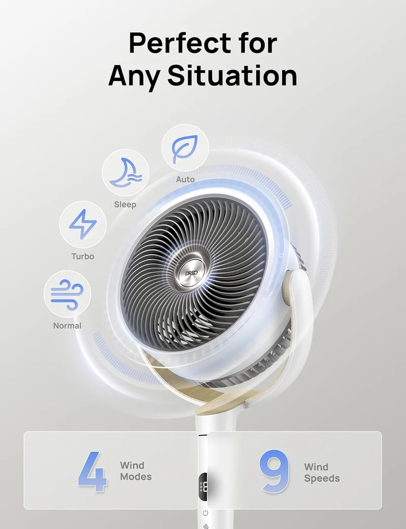 Dreo Fan 120° Oscillating , Quiet Pedestal w/ DC Motor, 9 Speeds, 4 modes, 37-42" Adjustable Height, 9H Timer - White