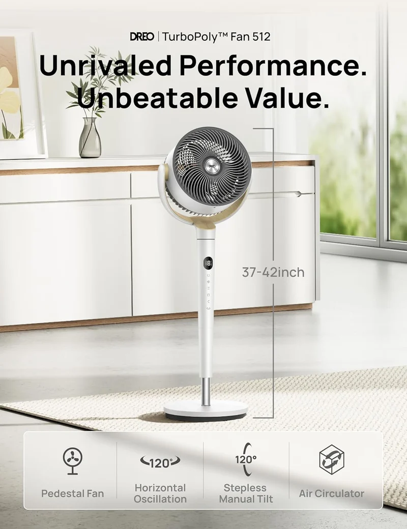 Dreo Fan 120° Oscillating , Quiet Pedestal w/ DC Motor, 9 Speeds, 4 modes, 37-42" Adjustable Height, 9H Timer - White