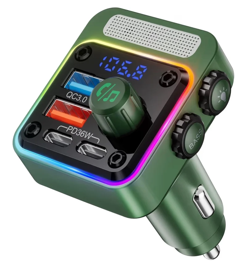 54W Bluetooth 5.3 Car Adapter w/ 4 Charging Ports Wireless Radio FM Transmitter & 5 Colors LED Backlit, Hands-Free Calling - Green
