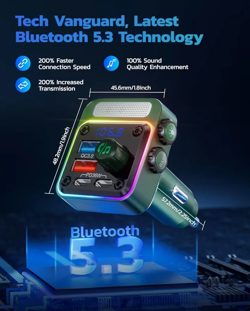 54W Bluetooth 5.3 Car Adapter w/ 4 Charging Ports Wireless Radio FM Transmitter & 5 Colors LED Backlit, Hands-Free Calling - Green