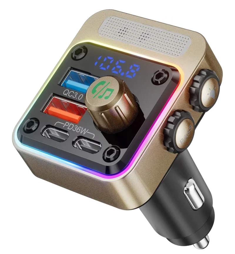 54W Bluetooth 5.3 Car Adapter w/ 4 Charging Ports Wireless Radio FM Transmitter & 5 Colors LED Backlit, Hands-Free Calling - Gold