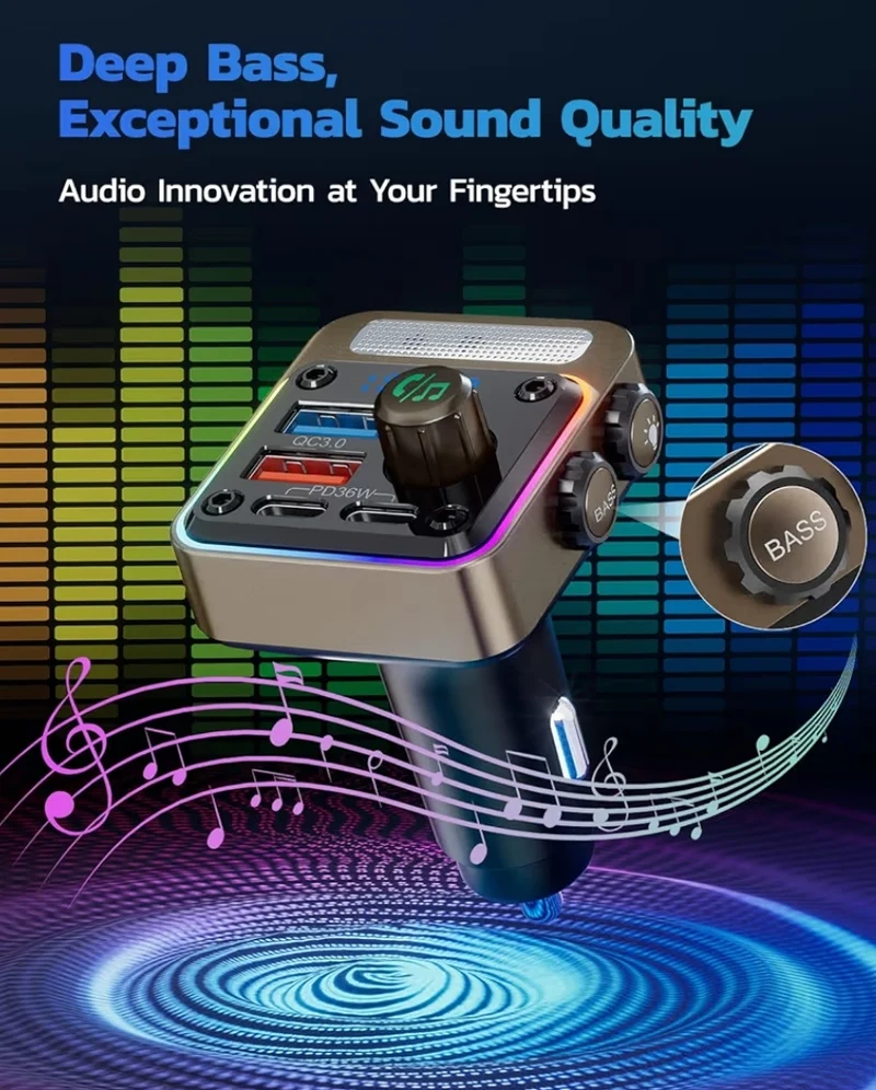 54W Bluetooth 5.3 Car Adapter w/ 4 Charging Ports Wireless Radio FM Transmitter & 5 Colors LED Backlit, Hands-Free Calling - Gold