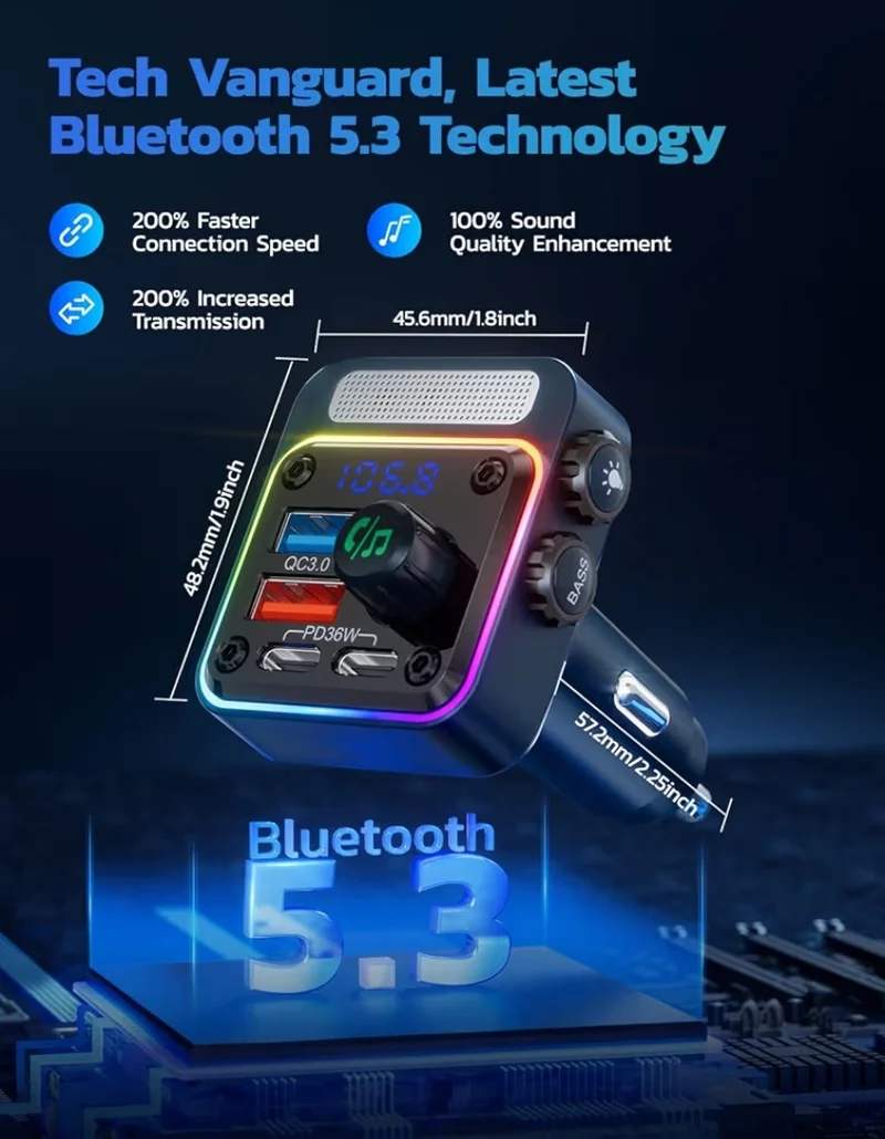 54W Bluetooth 5.3 Car Adapter w/ 4 Charging Ports Wireless Radio FM Transmitter & 5 Colors LED Backlit, Hands-Free Calling - Blue