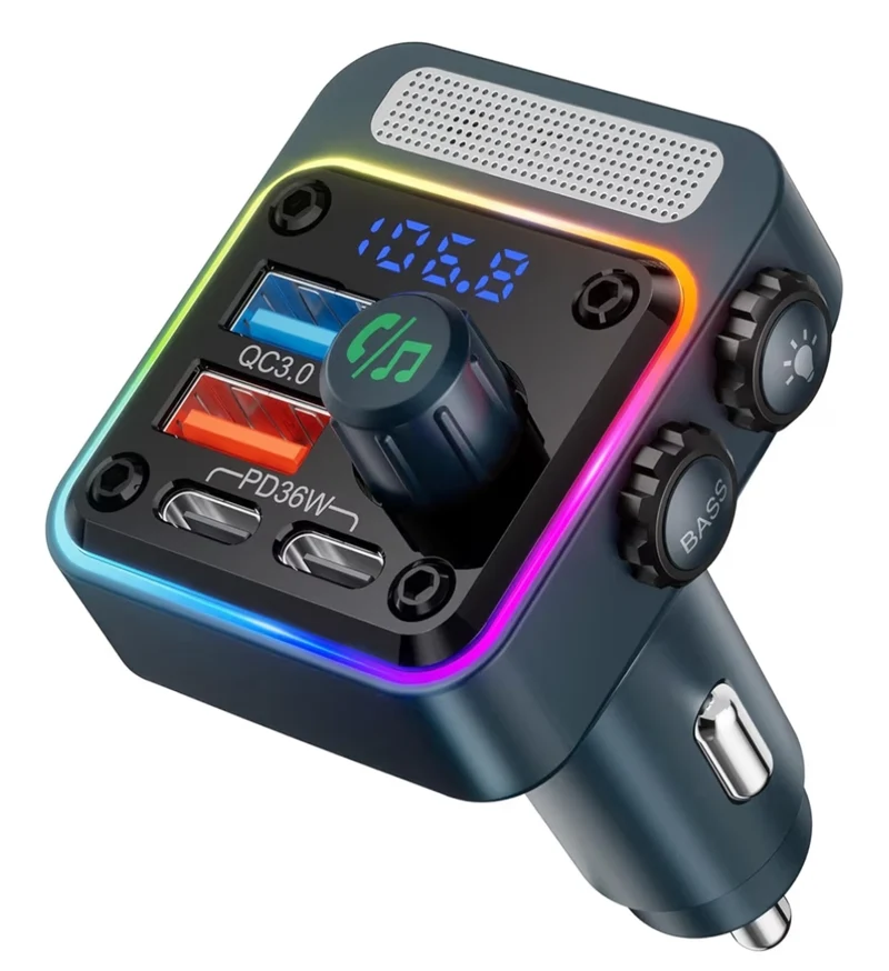 54W Bluetooth 5.3 Car Adapter w/ 4 Charging Ports Wireless Radio FM Transmitter & 5 Colors LED Backlit, Hands-Free Calling - Blue